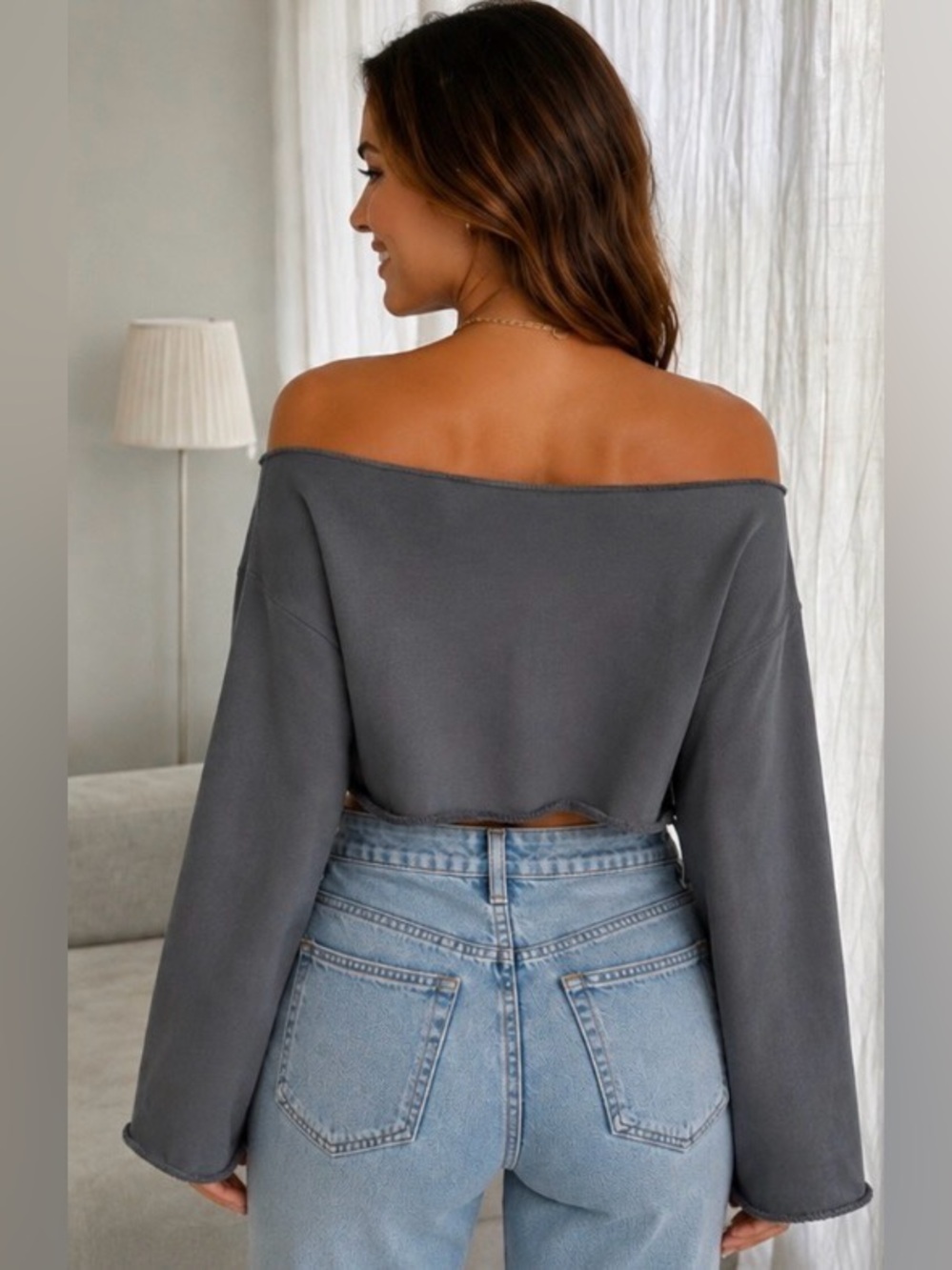 Zara Dark Gray Off-the-Shoulder Cropped Sweater - Picture 4 of 9